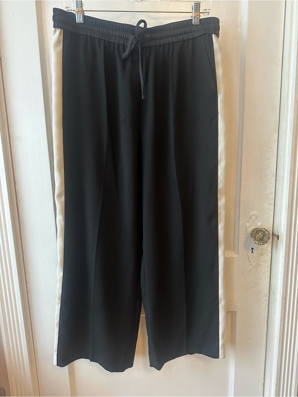 Black Wide-Leg Track Pants with Cream Side Stripe size UK14